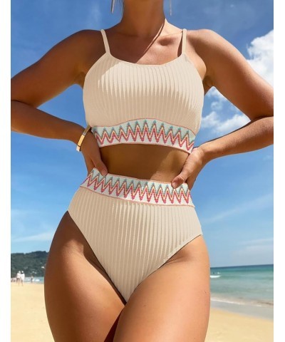 Women's High Waisted Swimsuit Two Piece Ribbed Bikini Sets Crop Top High Cut Cheeky Bathing Suits Apricot $20.29 Swimsuits