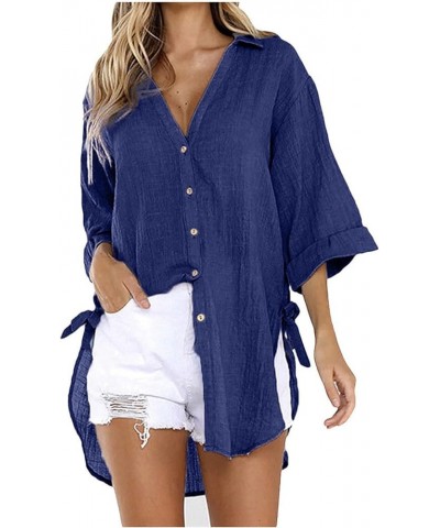 Women Long Sleeve Boyfriend Button Down Shirts Asymmetrical Casual Summer Lace Up Oversized Tunic Tops 3/4 Sleeve1-blue $9.25...