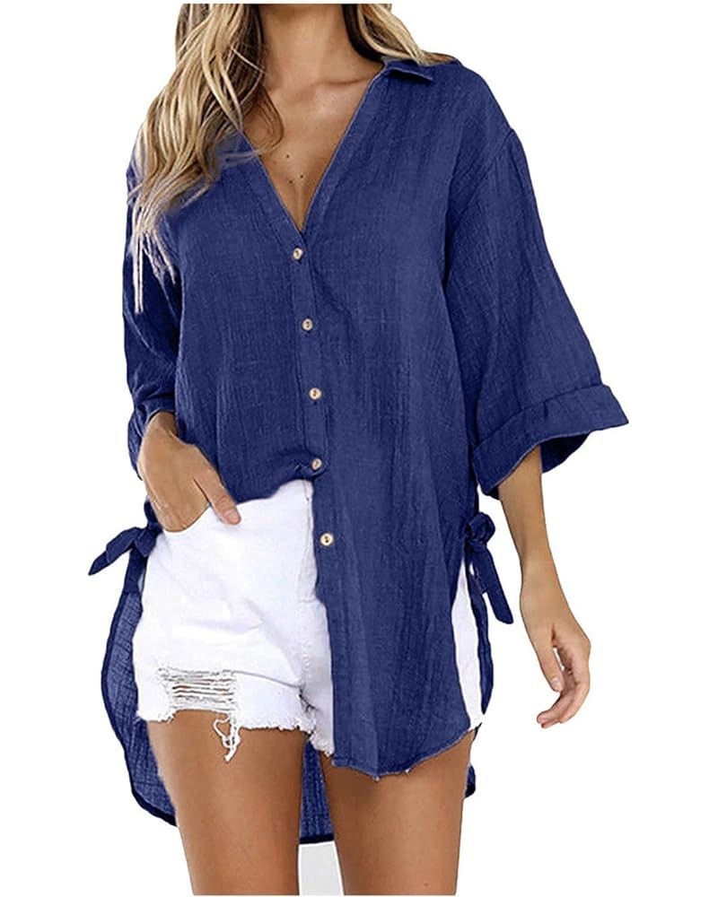 Women Long Sleeve Boyfriend Button Down Shirts Asymmetrical Casual Summer Lace Up Oversized Tunic Tops 3/4 Sleeve1-blue $9.25...