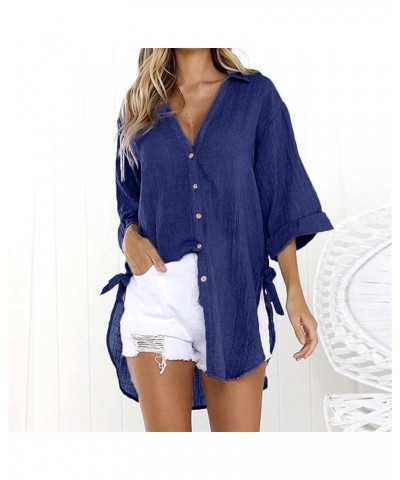 Women Long Sleeve Boyfriend Button Down Shirts Asymmetrical Casual Summer Lace Up Oversized Tunic Tops 3/4 Sleeve1-blue $9.25...