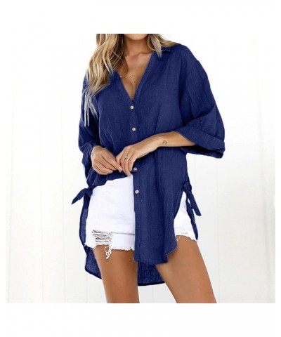 Women Long Sleeve Boyfriend Button Down Shirts Asymmetrical Casual Summer Lace Up Oversized Tunic Tops 3/4 Sleeve1-blue $9.25...