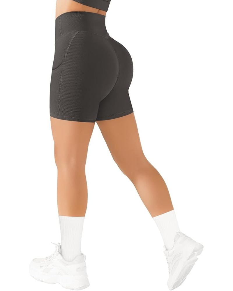 Women Cross Waist Biker Shorts with Pocket 5" High Waisted Booty Workout Shorts 1 Grey $9.66 Activewear