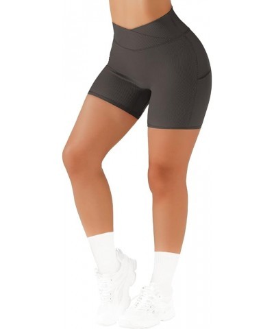 Women Cross Waist Biker Shorts with Pocket 5" High Waisted Booty Workout Shorts 1 Grey $9.66 Activewear