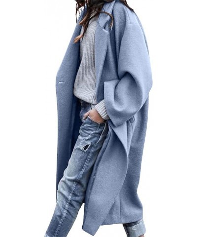 Women's Casual Notched Lapel Single Breasted Work Office Wool Trench Pea Coat Blue $29.03 Coats