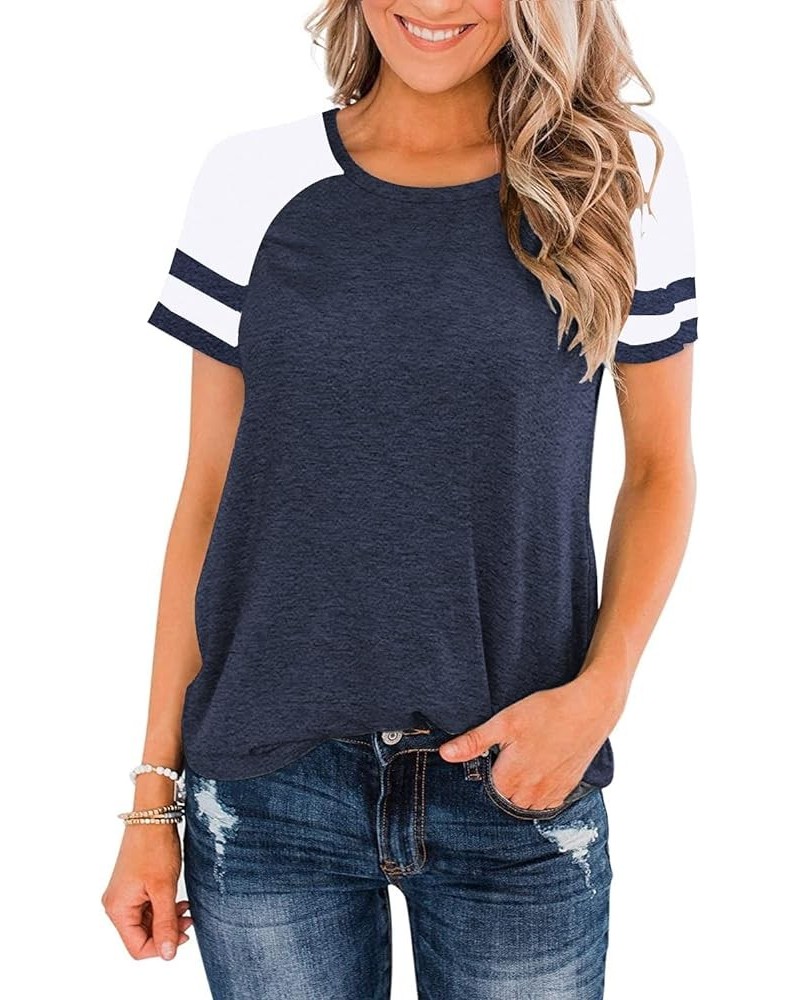 Womens Shirts Casual Tunic Tops Color Block Crewneck Summer Loose Fitting Workout Tee Shirts A08_navy Blue $11.72 Tops