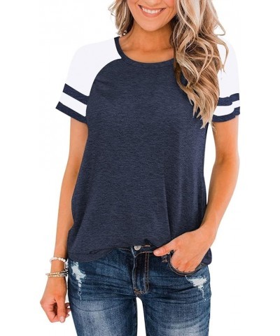 Womens Shirts Casual Tunic Tops Color Block Crewneck Summer Loose Fitting Workout Tee Shirts A08_navy Blue $11.72 Tops