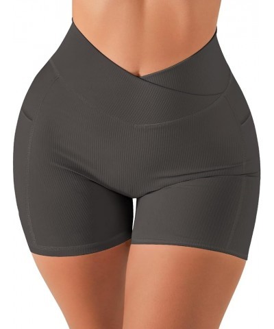 Women Cross Waist Biker Shorts with Pocket 5" High Waisted Booty Workout Shorts 1 Grey $9.66 Activewear