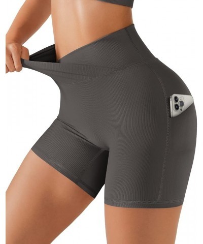 Women Cross Waist Biker Shorts with Pocket 5" High Waisted Booty Workout Shorts 1 Grey $9.66 Activewear