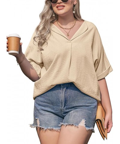 Womens Plus Size Blouse V Neck Shirt Short Sleeve Casual Formal Summer Office Tops Apricot $17.66 Blouses