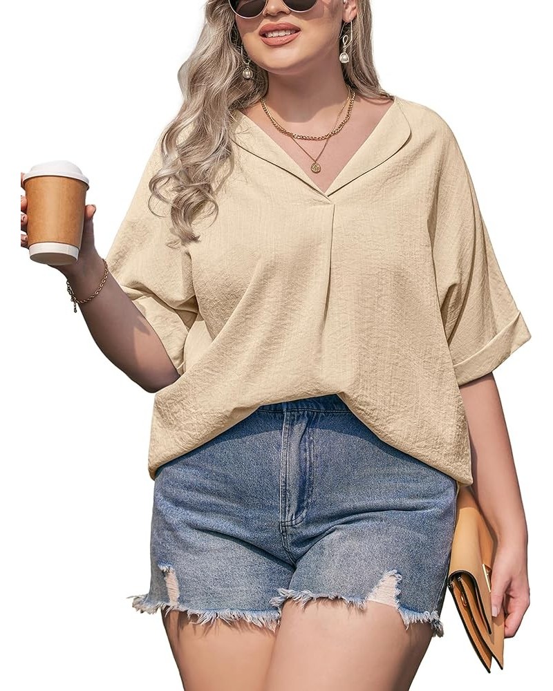 Womens Plus Size Blouse V Neck Shirt Short Sleeve Casual Formal Summer Office Tops Apricot $17.66 Blouses