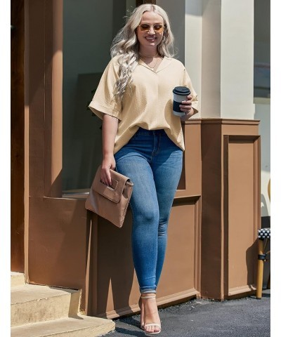 Womens Plus Size Blouse V Neck Shirt Short Sleeve Casual Formal Summer Office Tops Apricot $17.66 Blouses