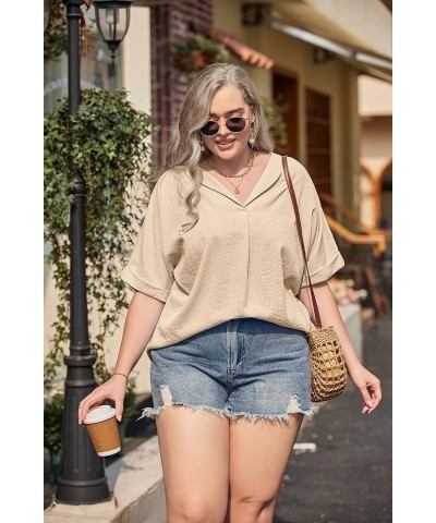 Womens Plus Size Blouse V Neck Shirt Short Sleeve Casual Formal Summer Office Tops Apricot $17.66 Blouses