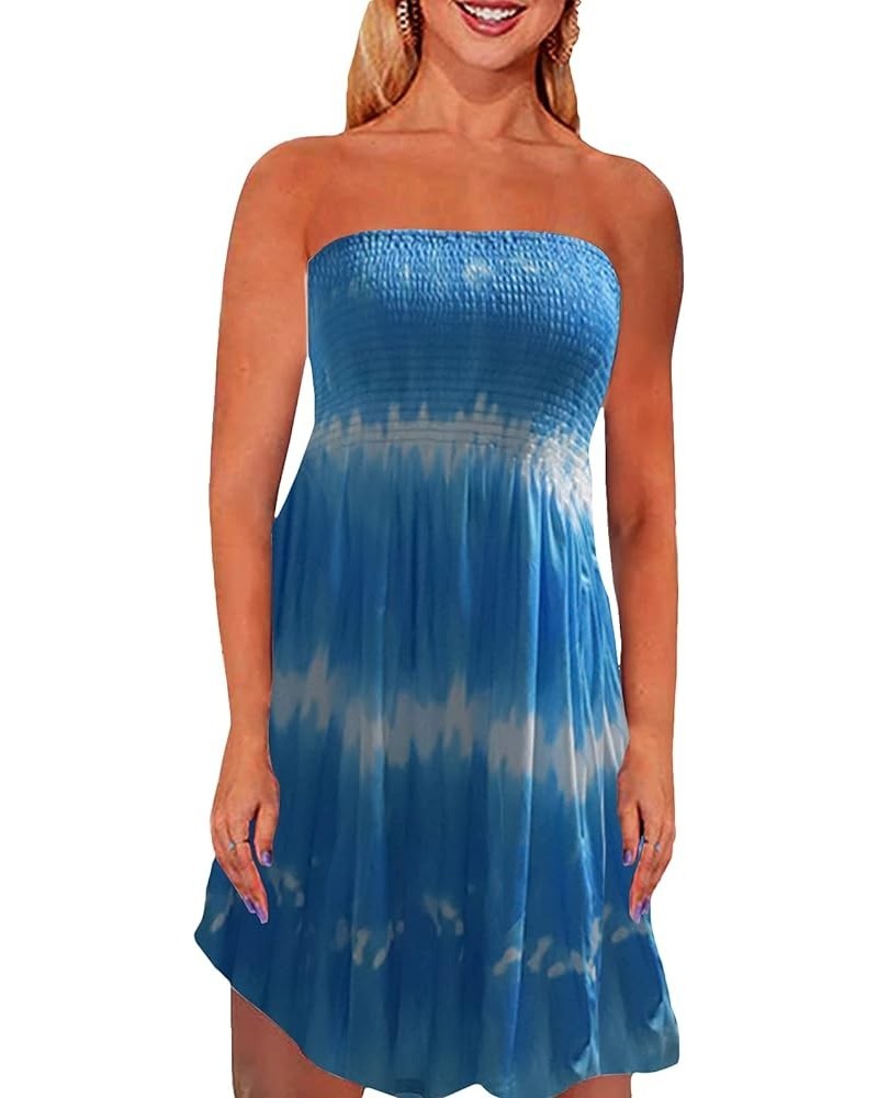 Strapless Dress for Women Summer Beach Boho Smocked Tube Top Dress Tie Dye Blue $9.66 Swimsuits