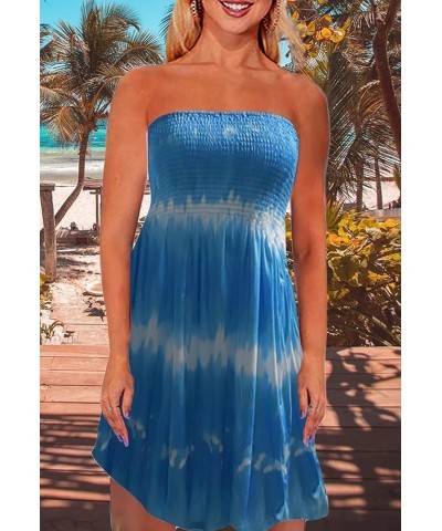 Strapless Dress for Women Summer Beach Boho Smocked Tube Top Dress Tie Dye Blue $9.66 Swimsuits