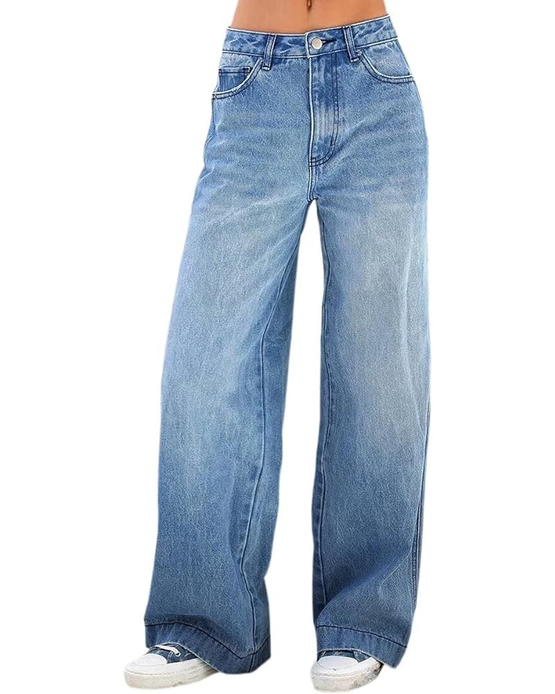 Women's Wide Leg Jeans Casual Ripped High Waist Straight Denim Jeans 6629 Blue $11.00 Jeans