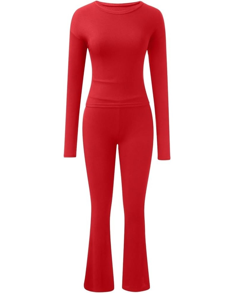 Women's 2 Piece Lounge Sets Trendy Long Sleeve Crop Top and Fold-over Flare Pants Casual Yoga Outfit Pajamas Set Red $10.02 S...