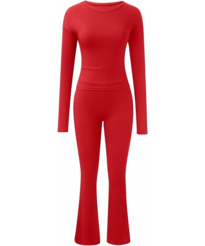 Women's 2 Piece Lounge Sets Trendy Long Sleeve Crop Top and Fold-over Flare Pants Casual Yoga Outfit Pajamas Set Red $10.02 S...