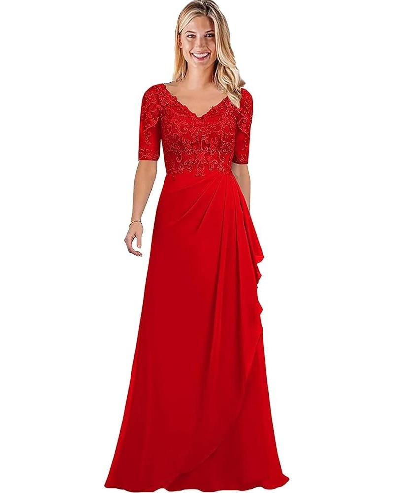 Women's V-Neck Chiffon Mother of The Bride Dresses Lace Long Ruffle Prom Dress with Half Sleeve Formal Evening Party Gowns Re...