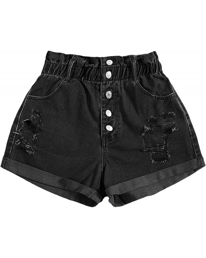 Women's Paperbag Waist Ripped Roll Hem Straight Leg Denim Shorts Black $16.65 Shorts