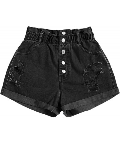 Women's Paperbag Waist Ripped Roll Hem Straight Leg Denim Shorts Black $16.65 Shorts