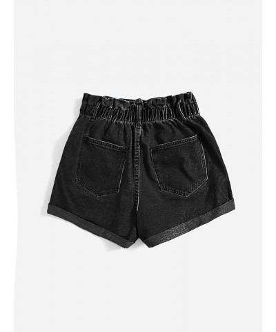 Women's Paperbag Waist Ripped Roll Hem Straight Leg Denim Shorts Black $16.65 Shorts