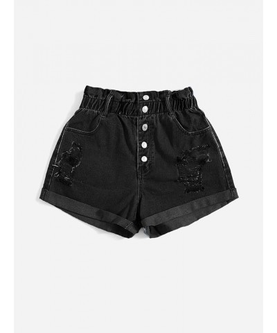 Women's Paperbag Waist Ripped Roll Hem Straight Leg Denim Shorts Black $16.65 Shorts