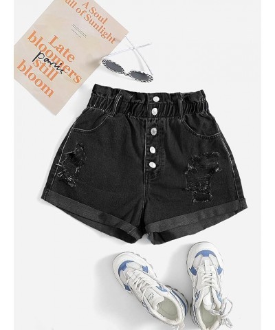 Women's Paperbag Waist Ripped Roll Hem Straight Leg Denim Shorts Black $16.65 Shorts