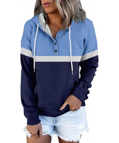 Womens Fall Fashion 2023,Womens Casual Patchwork Button Long Sleeve Hoodies Pullover Drawstring Pocket Sweatshirt 5-blue $9.9...