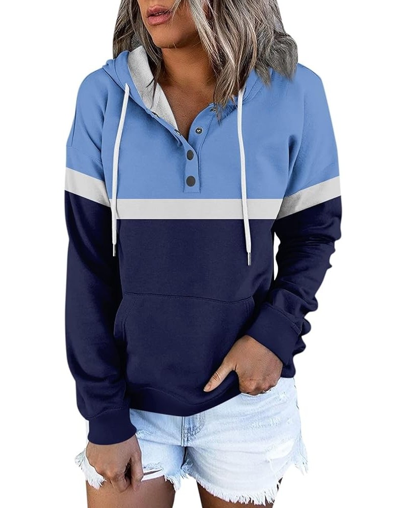 Womens Fall Fashion 2023,Womens Casual Patchwork Button Long Sleeve Hoodies Pullover Drawstring Pocket Sweatshirt 5-blue $9.9...