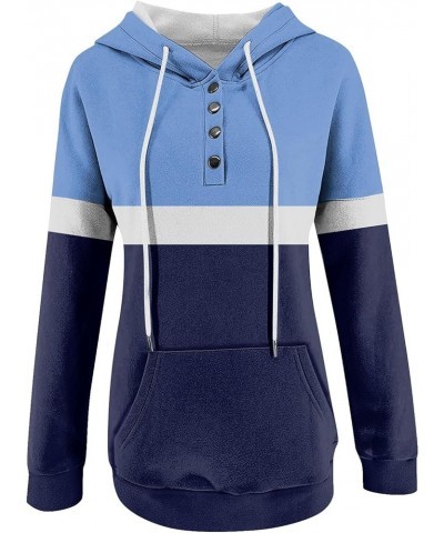 Womens Fall Fashion 2023,Womens Casual Patchwork Button Long Sleeve Hoodies Pullover Drawstring Pocket Sweatshirt 5-blue $9.9...