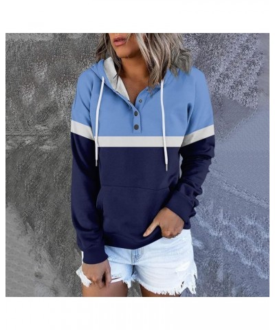 Womens Fall Fashion 2023,Womens Casual Patchwork Button Long Sleeve Hoodies Pullover Drawstring Pocket Sweatshirt 5-blue $9.9...