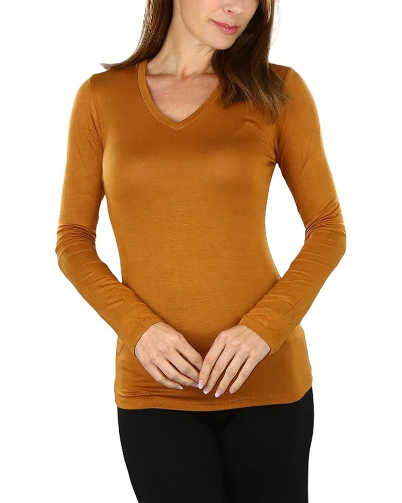 Women’s Classic Timeless Layering V-Neck Long Sleeve Top Classic Camel Brown $9.15 T-Shirts