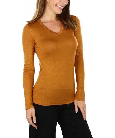 Women’s Classic Timeless Layering V-Neck Long Sleeve Top Classic Camel Brown $9.15 T-Shirts