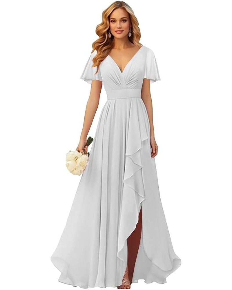 Short Sleeves Bridesmaid Dresses for Wedding with Slit Ruffle V Neck Chiffon Long Formal Dress Silver $34.50 Dresses