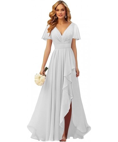 Short Sleeves Bridesmaid Dresses for Wedding with Slit Ruffle V Neck Chiffon Long Formal Dress Silver $34.50 Dresses