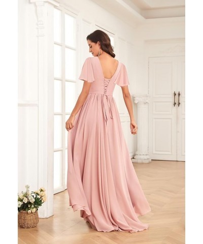 Short Sleeves Bridesmaid Dresses for Wedding with Slit Ruffle V Neck Chiffon Long Formal Dress Silver $34.50 Dresses