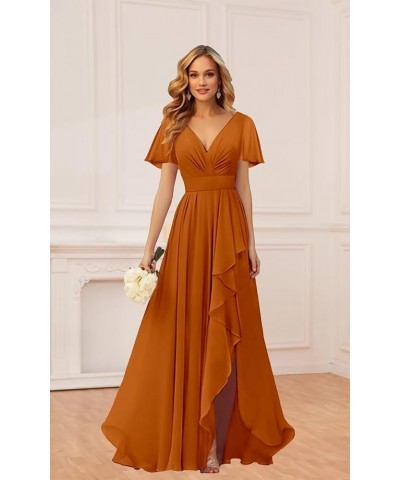 Short Sleeves Bridesmaid Dresses for Wedding with Slit Ruffle V Neck Chiffon Long Formal Dress Silver $34.50 Dresses