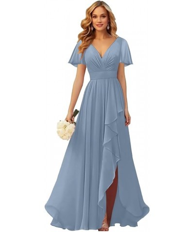 Short Sleeves Bridesmaid Dresses for Wedding with Slit Ruffle V Neck Chiffon Long Formal Dress Silver $34.50 Dresses