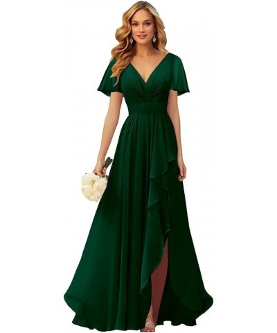 Short Sleeves Bridesmaid Dresses for Wedding with Slit Ruffle V Neck Chiffon Long Formal Dress Silver $34.50 Dresses