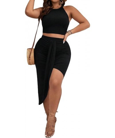 Women's Plus Two Piece Outfit Sleeveless Halter Crop Top and Ruched Draped Bodycon Midi Skirt Set Black $15.58 Suits