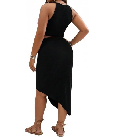 Women's Plus Two Piece Outfit Sleeveless Halter Crop Top and Ruched Draped Bodycon Midi Skirt Set Black $15.58 Suits