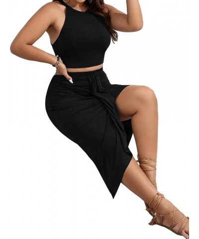 Women's Plus Two Piece Outfit Sleeveless Halter Crop Top and Ruched Draped Bodycon Midi Skirt Set Black $15.58 Suits