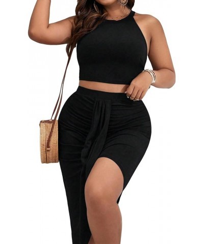 Women's Plus Two Piece Outfit Sleeveless Halter Crop Top and Ruched Draped Bodycon Midi Skirt Set Black $15.58 Suits