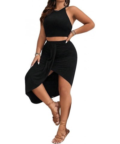 Women's Plus Two Piece Outfit Sleeveless Halter Crop Top and Ruched Draped Bodycon Midi Skirt Set Black $15.58 Suits