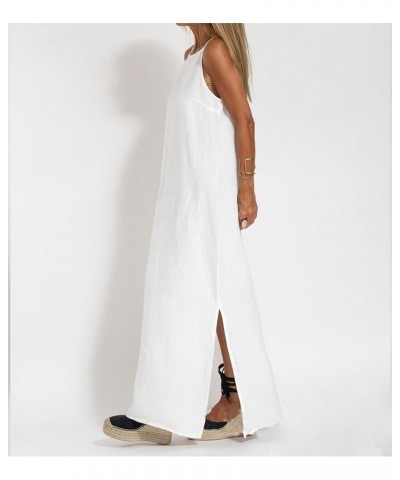 Womens Cotton Linen Sleeveless Maxi Dress Spaghetti Strap Slit Summer Loose Beach Long Shift Dress White-fo1 $16.22 Dresses