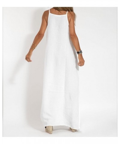 Womens Cotton Linen Sleeveless Maxi Dress Spaghetti Strap Slit Summer Loose Beach Long Shift Dress White-fo1 $16.22 Dresses