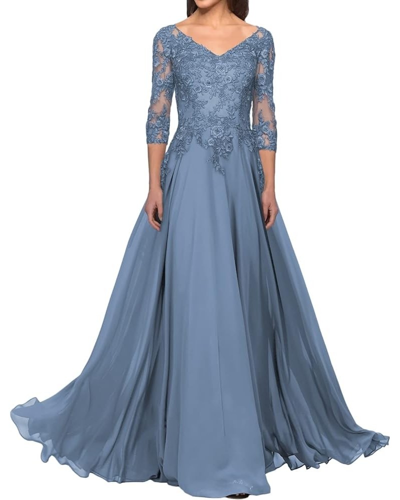 Mother of The Bride Dresses Long Lace Evening Dress V Neck Chiffon Formal Gowns with Sleeves Dusty Blue $31.50 Dresses