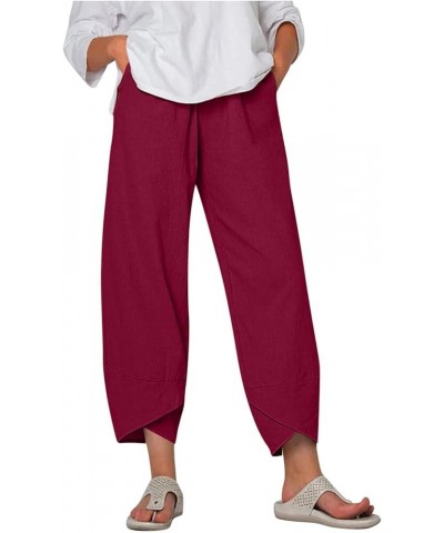 Linen Pants for Women Casual Wide Leg Capri Pants Elastic High Waist Baggy Beach Trousers with Pockets Sweatpants Z12-wine $9...