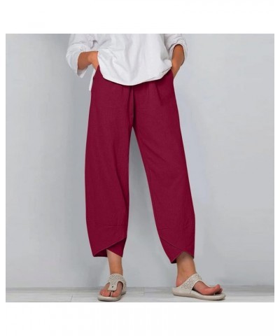 Linen Pants for Women Casual Wide Leg Capri Pants Elastic High Waist Baggy Beach Trousers with Pockets Sweatpants Z12-wine $9...