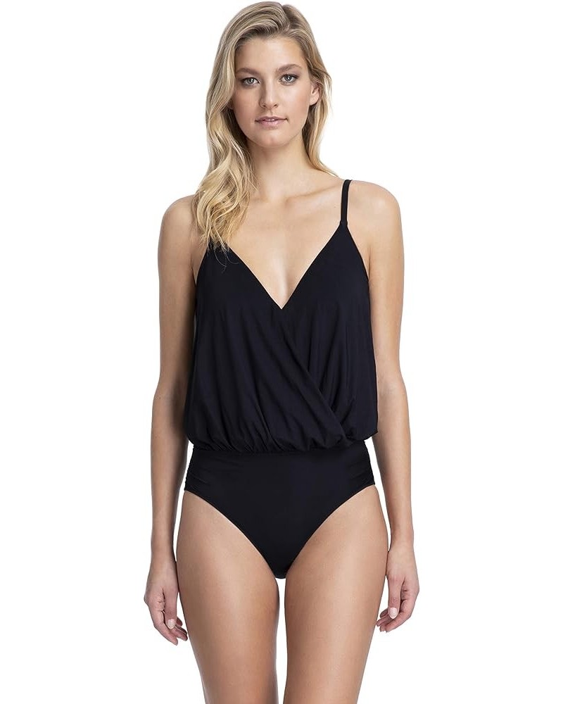 Women's V-Neck Blouson One Piece Swimsuit Lattice Black $45.22 Swimsuits